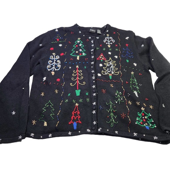 Erika Women's Beaded Christmas Tree Holiday Long Sleeve Cardigan Sweater Size XL - Picture 1 of 12